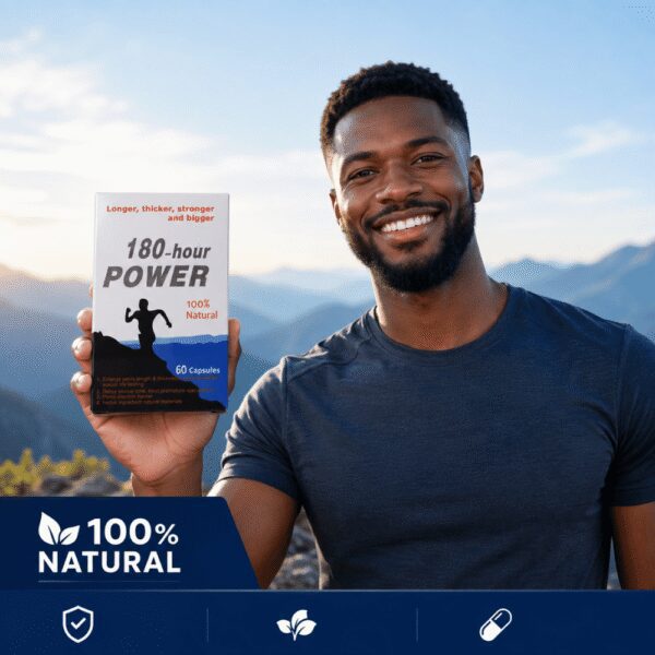 A man holding a pack of 180 hour hour powder