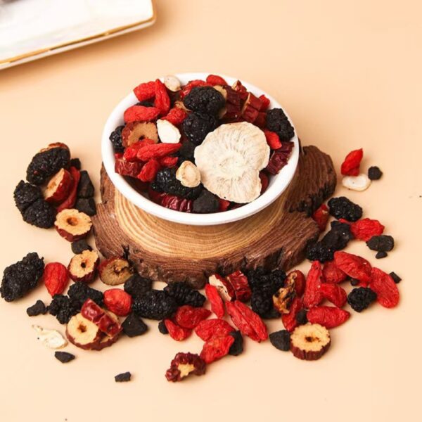 A picture showing the herbal constituents of the five treasure ginseng tea